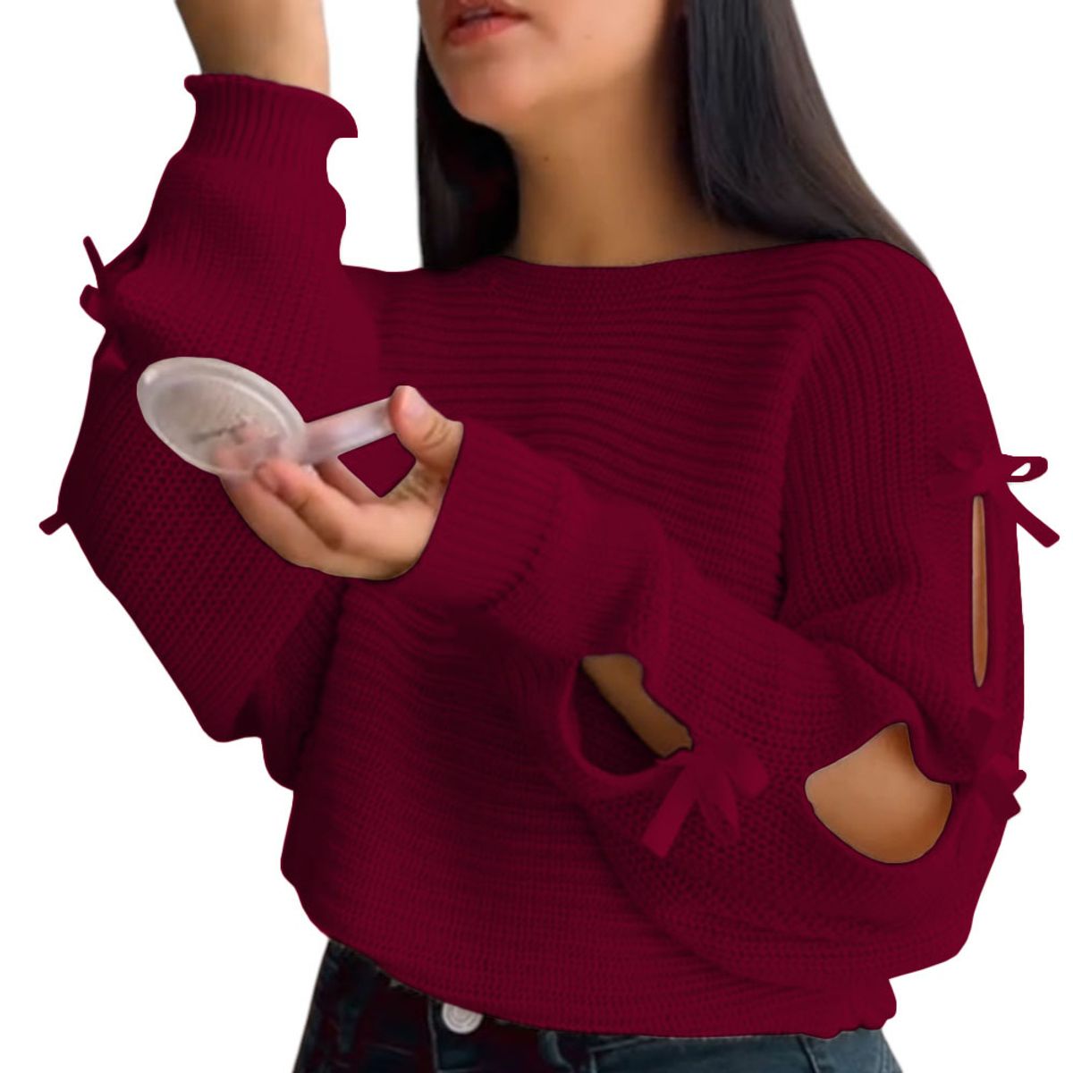 GENERICO - Chompa Mujer 359G-23 Hilo Tacto Con Cintas Color Vino