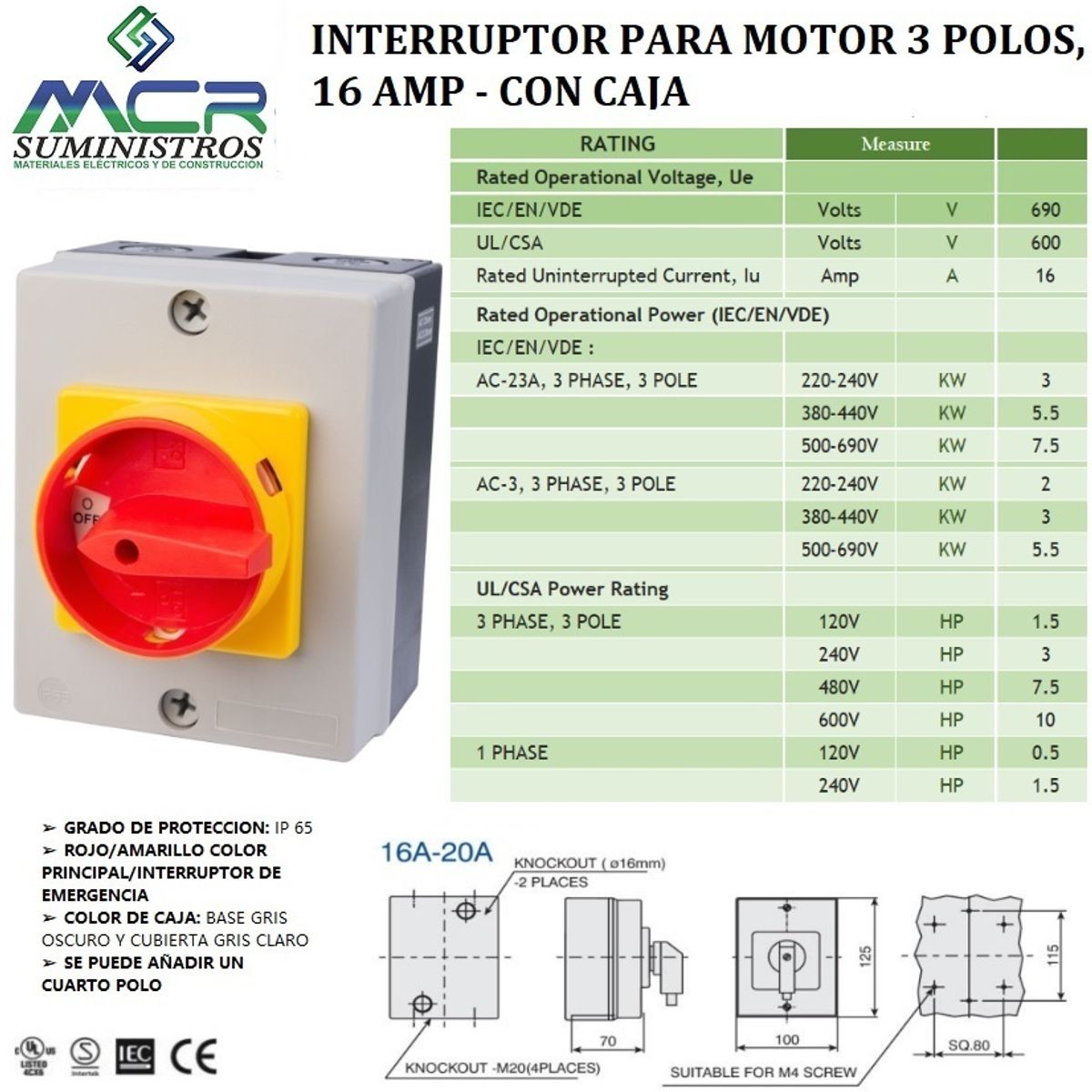 GENERICO - SECCIONADOR O INTERRUPTOR PARA MOTOR 3 POLOS, 16 AMP, CON CAJA