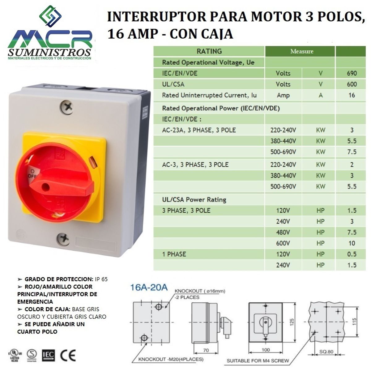 GENERICO - SECCIONADOR O INTERRUPTOR PARA MOTOR 3 POLOS, 16 AMP, CON CAJA