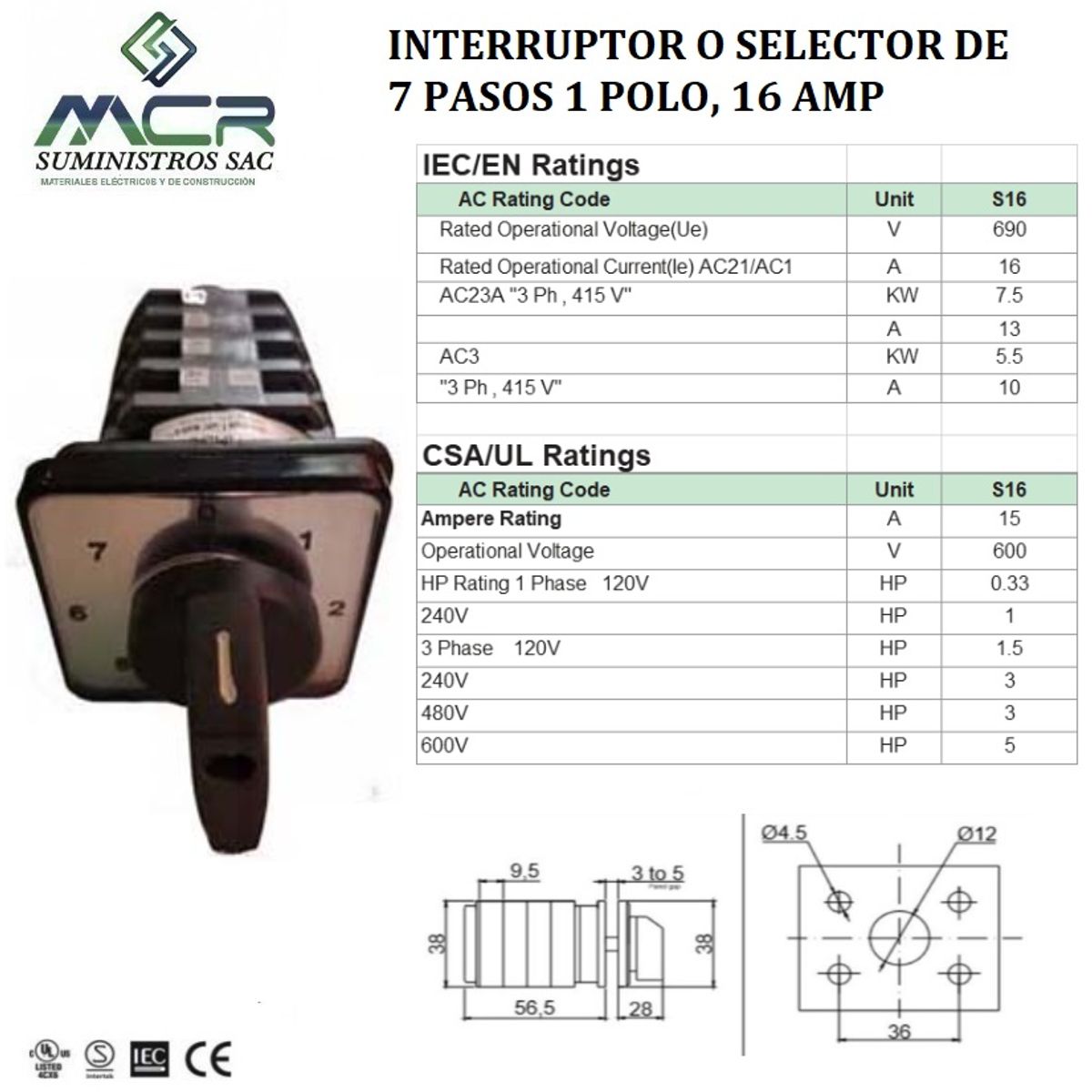GENERICO - INTERRUPTOR O SELECTOR ROTATIVO 7 PASOS, 1 POLOS, 16 AMP