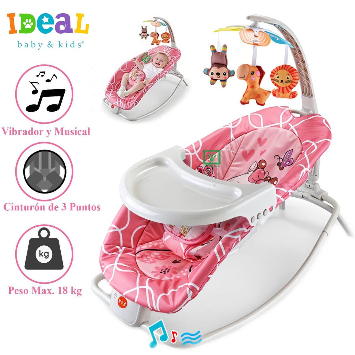 IDEAL BABY & KIDS - Silla Mecedora Ideal Musical con Vibrador Ocean Rosado
