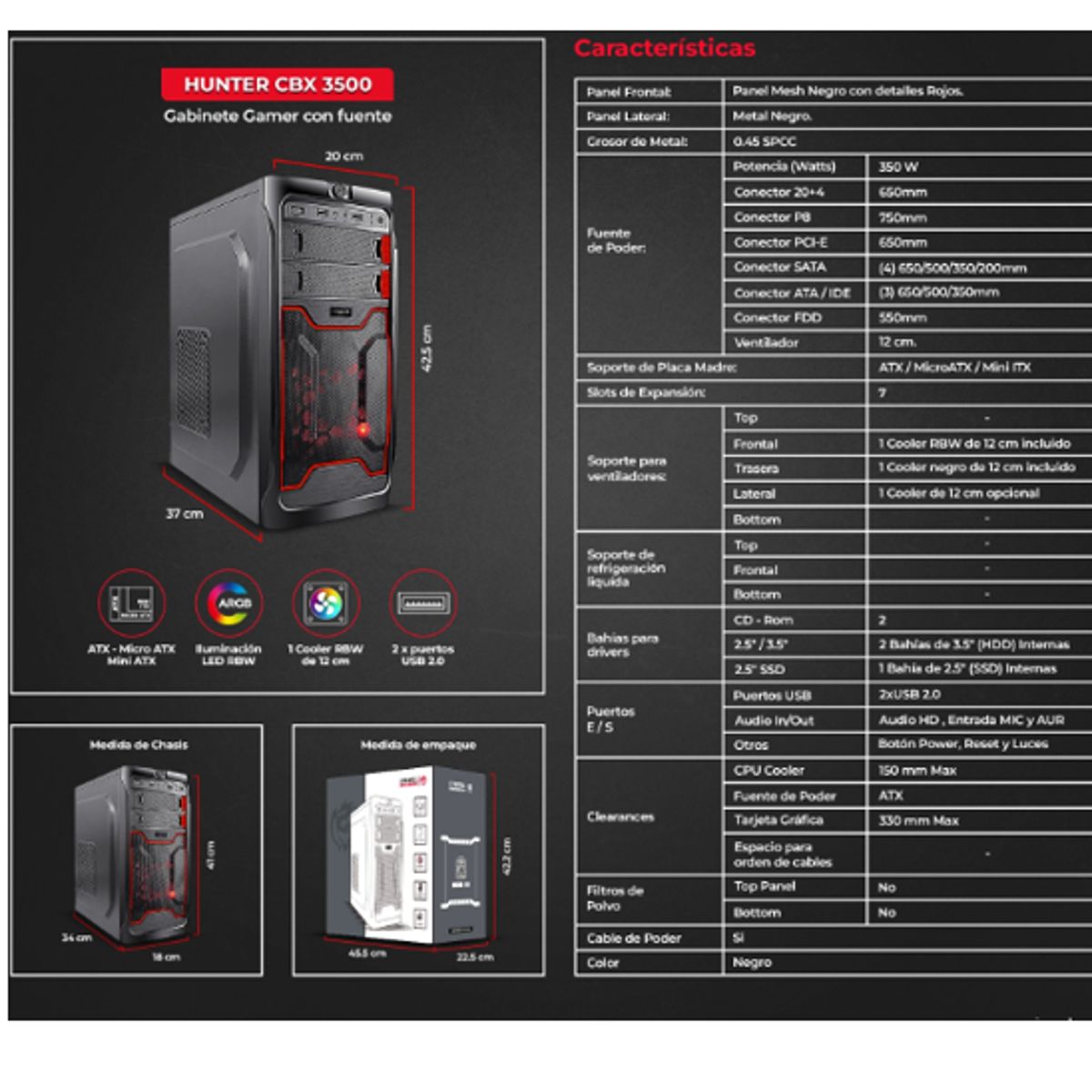 CYBERTEL - Case Gamer HUNTER CBX 3500  PSU 350W 2FAN RAINBOW CYBERTEL