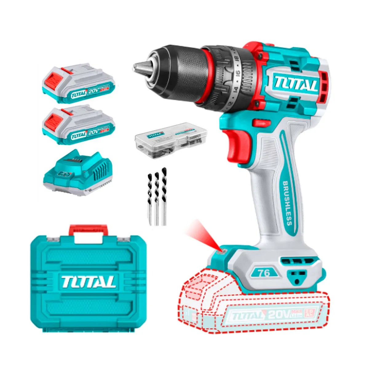 TOTAL TOOLS - Taladro Percutor 76nm 20v Brushless 13mm Total Tidli20768