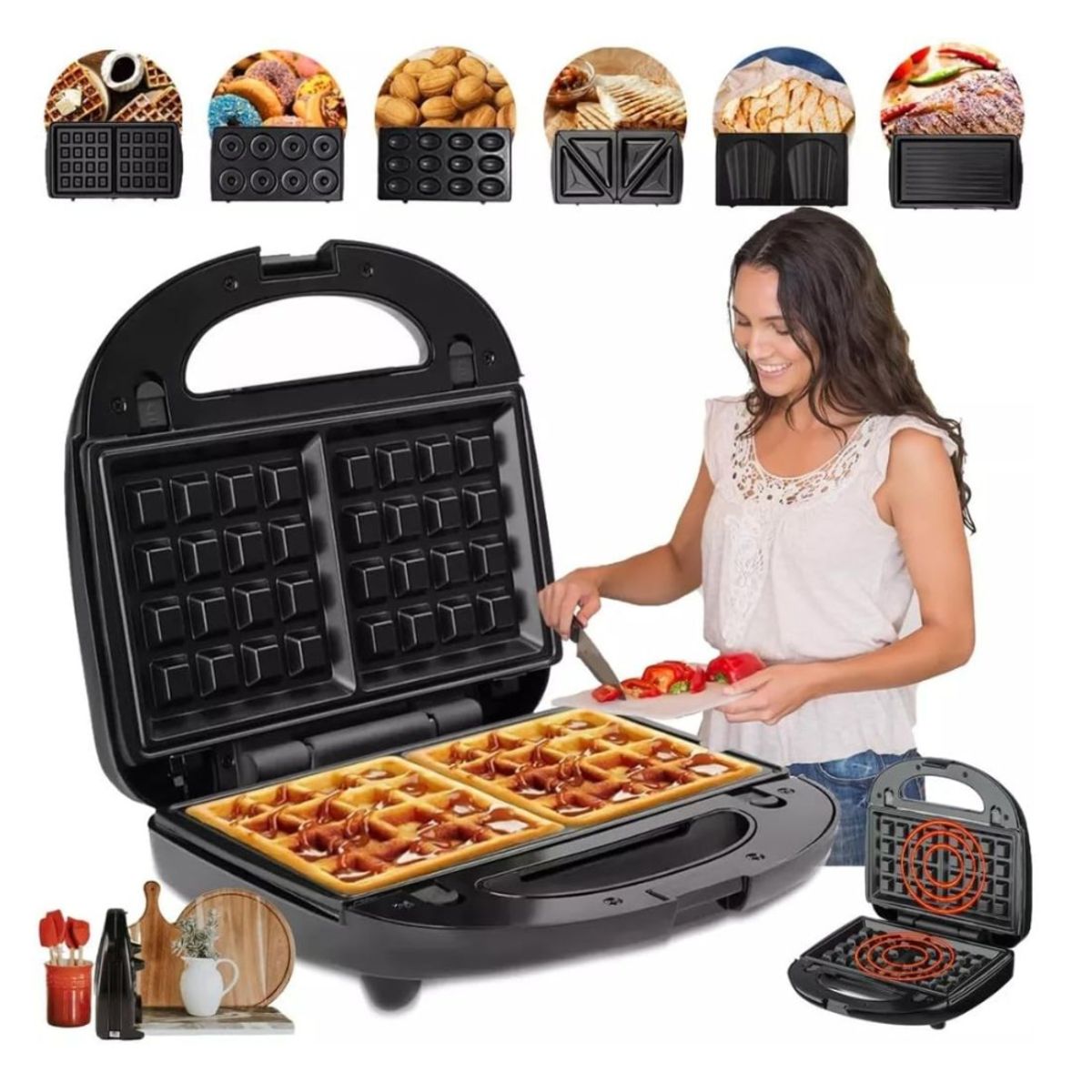 RAFF - Máquina Raf 6 En 1 Waflera Sandwichera Donuts Parrilla Antiadherente