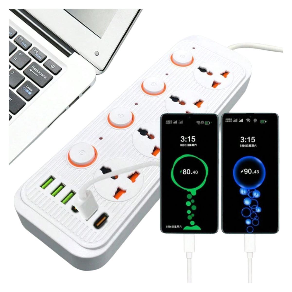 SEISA - Extensión Toma Corriente 3000W 4 Puertos USB y Tipo-C Carga Rápida