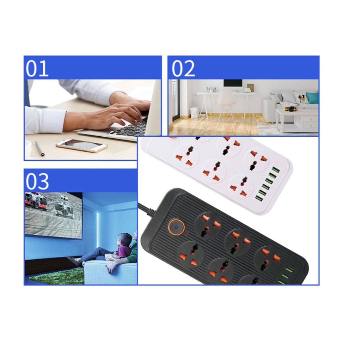 SEISA - Extensión Toma Corriente 3000W 6 Puertos Cargador USB y Tipo C Carga Rápida