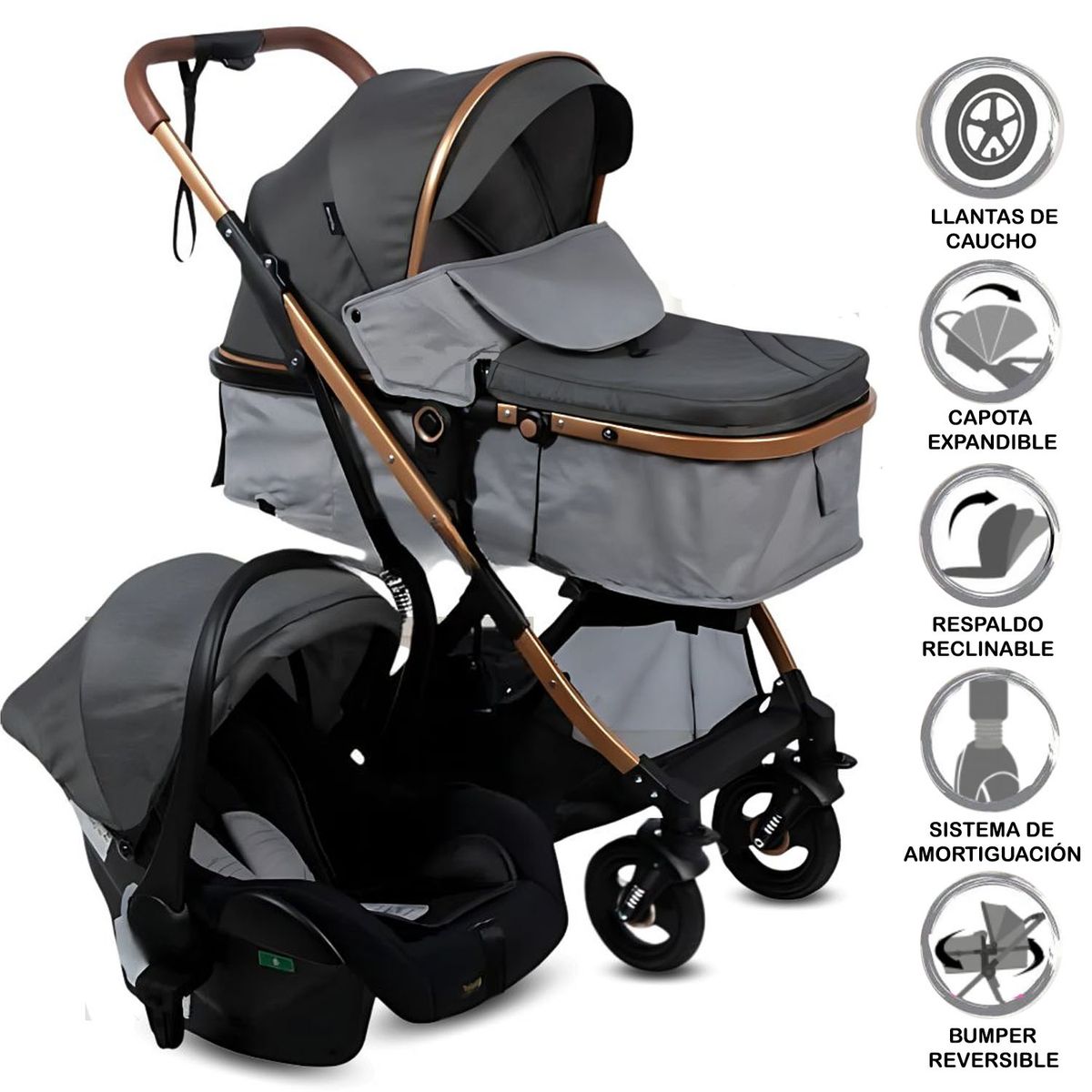 EBABY - Coche Moisés Travel System «RONDA PLUS» con Porta bebé Gray