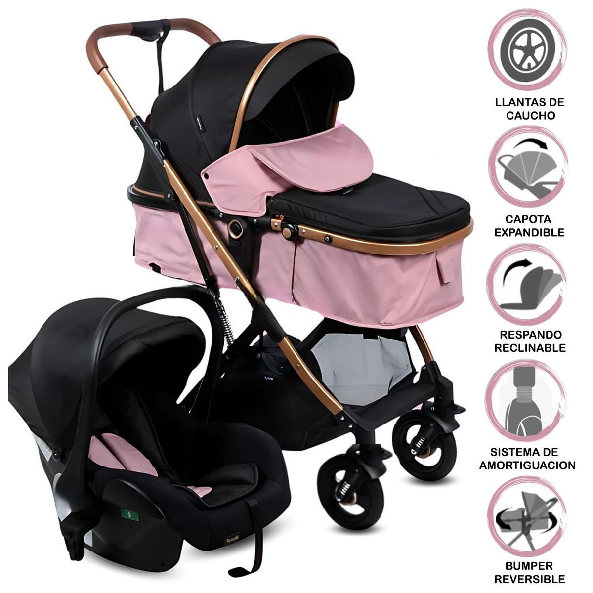 EBABY - Coche Moisés Travel System «RONDA PLUS» con Porta bebé Pink