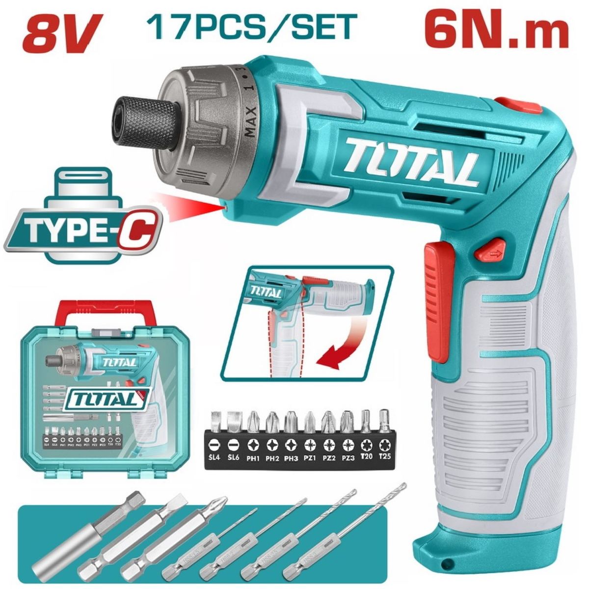 TOTAL TOOLS - Atornillador 8v Hexagonal Torque 6nm Total - Tsdli08025