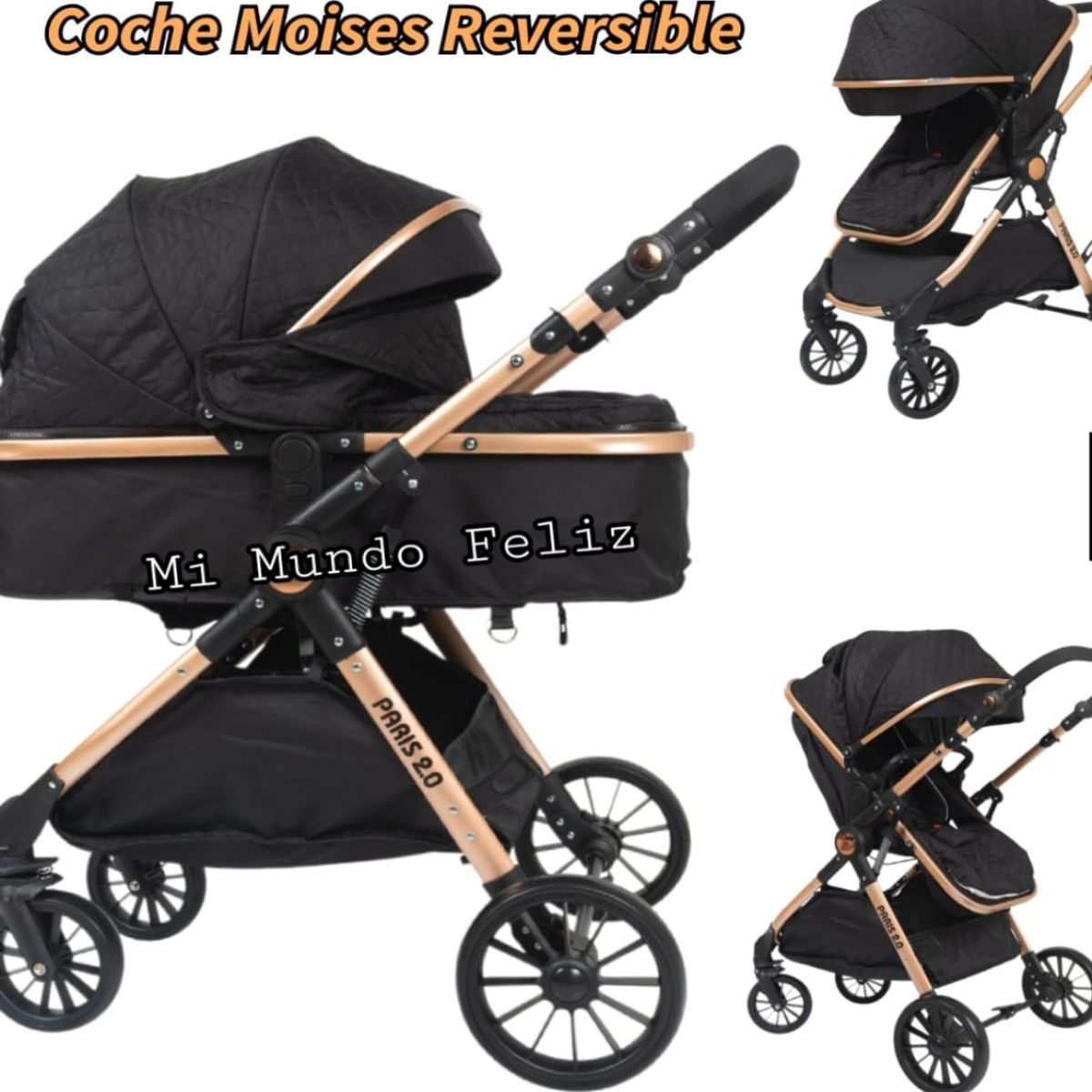 BABY HAPPY - Coche para Bebe Moises Reversible Gold Negro