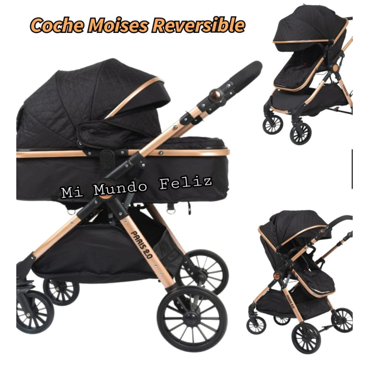 BABY HAPPY - Coche para Bebe Moises Reversible Gold Negro
