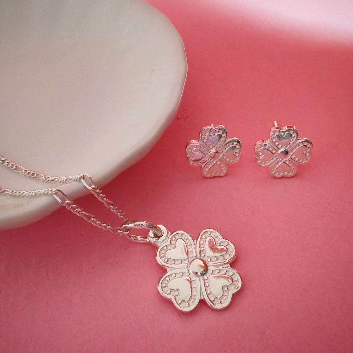 GENERICO - Collar + dije + aretes de plata Trebol