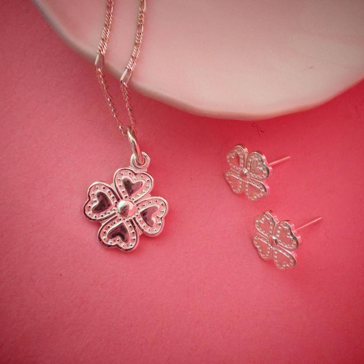 GENERICO - Collar + dije + aretes de plata Trebol