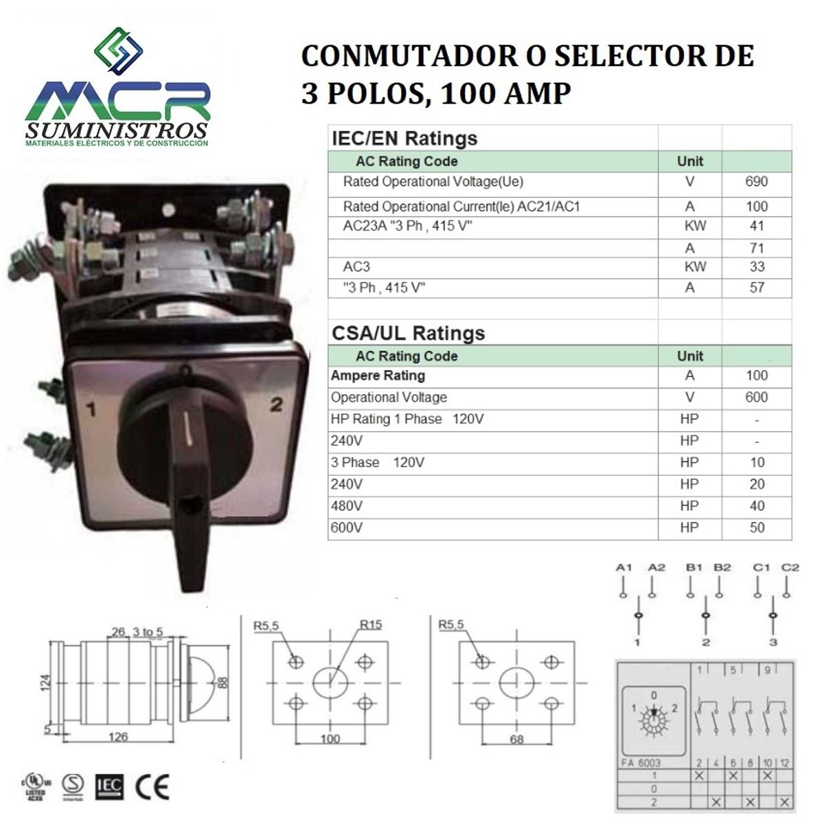 GENERICO - CONMUTADOR O SELECTOR 1-0-2, 3 POLOS, 100 AMP