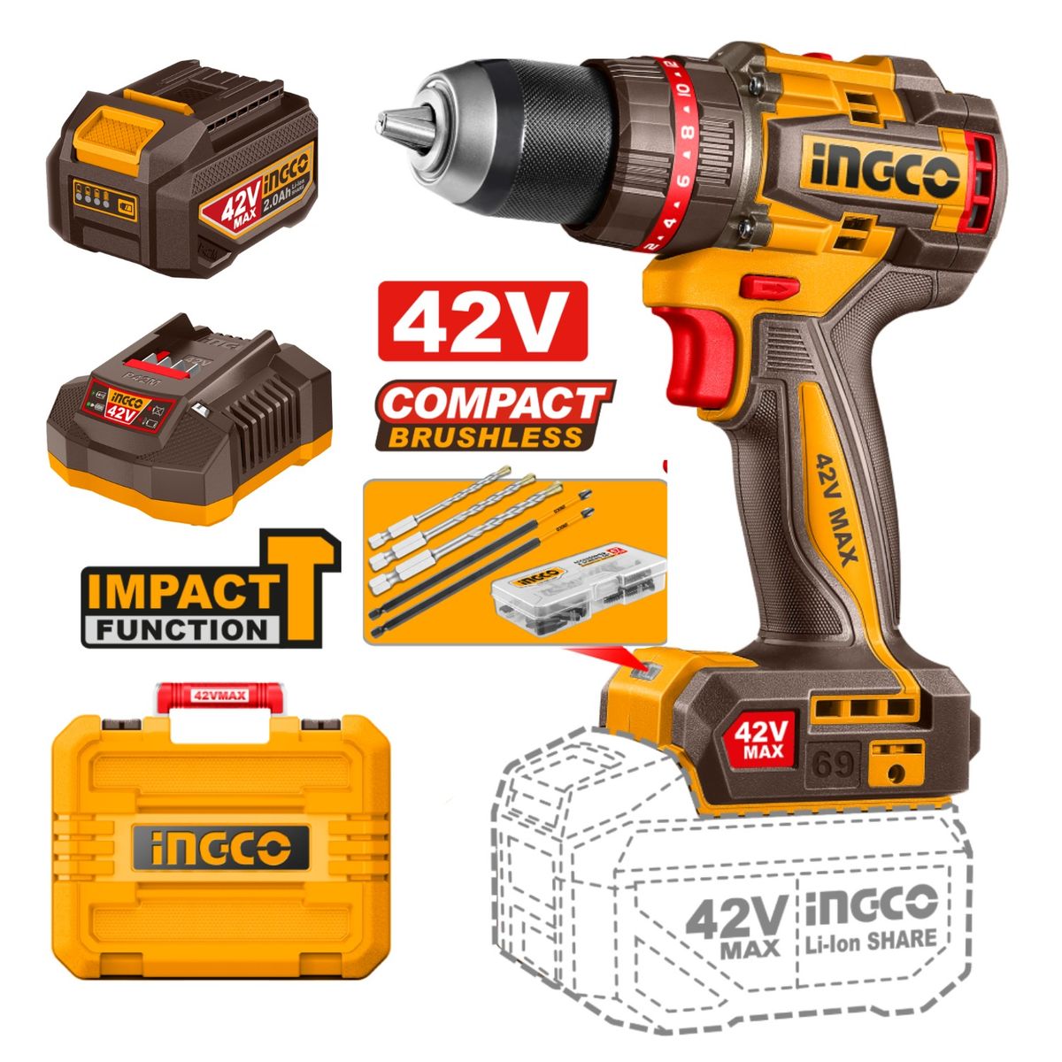 INGCO TOOLS - Taladro Percutor 42v 69nm + Batería y Cargador Ingco