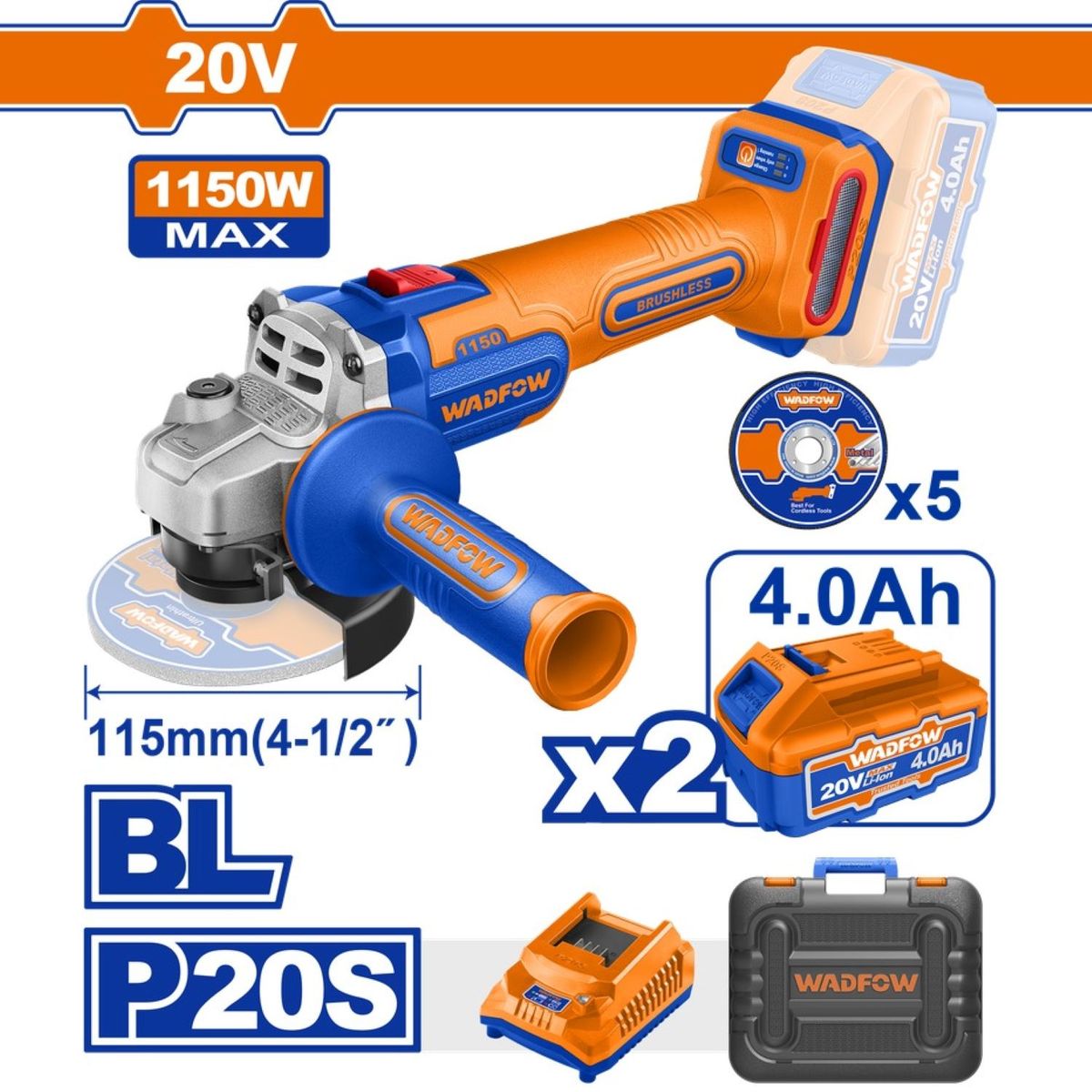 GENERICO - Amoladora Angular Pesado de 1150w 20v Wadfow - WLAPB522