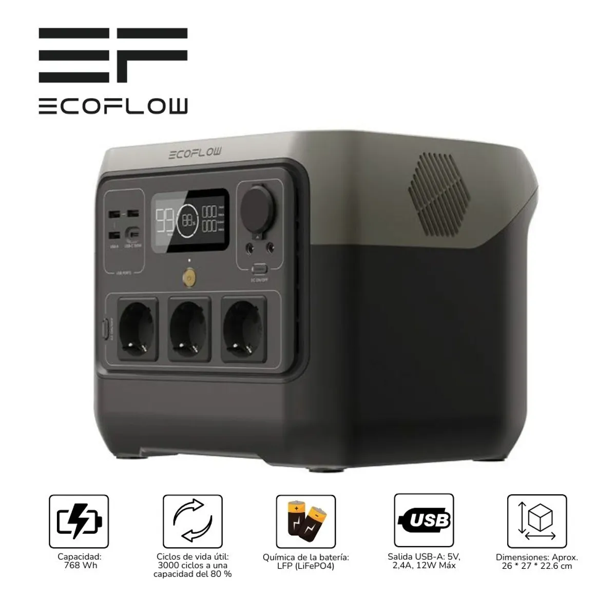 ECOFLOW - Estación de energía portátil 800 Watts Ecoflow River 2 Pro - Negro