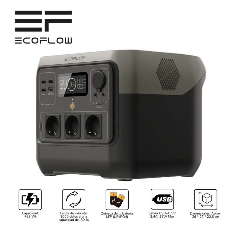 ECOFLOW - Estación de energía portátil 800 Watts Ecoflow River 2 Pro - Negro