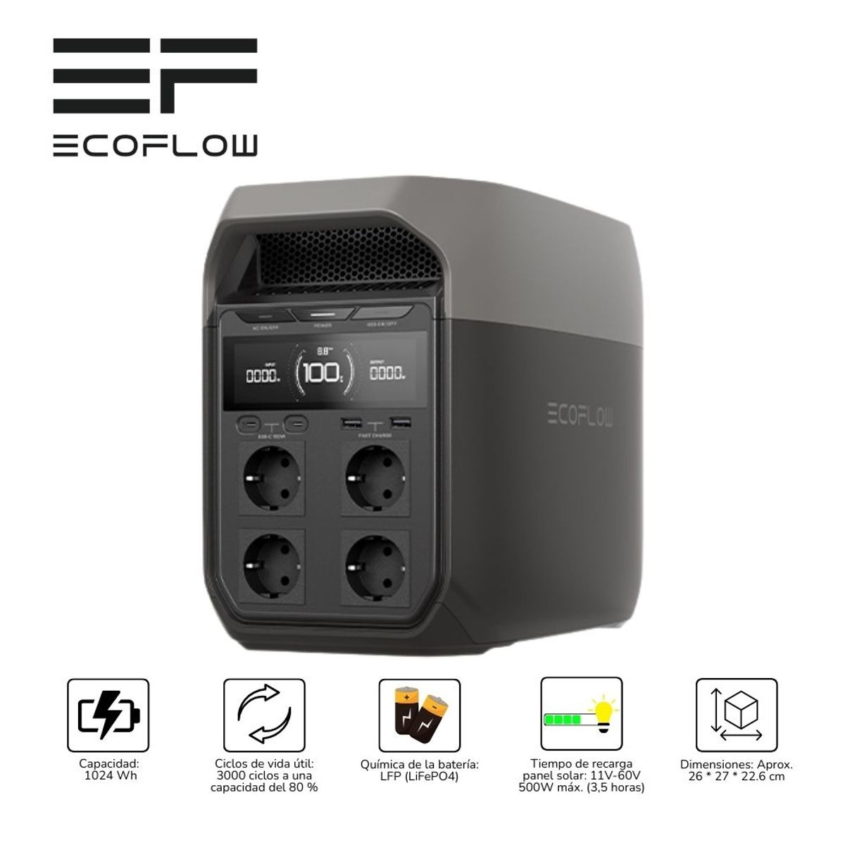 ECOFLOW - Estación de energía portátil 1800 Watts Ecoflow Delta 3 - Negro