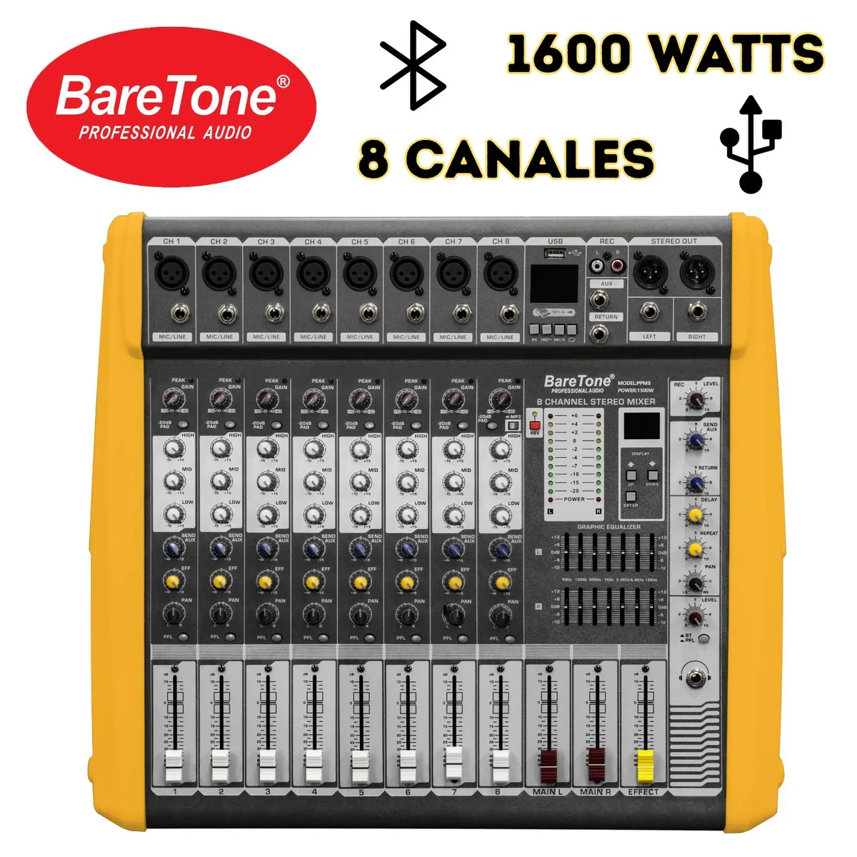 BARETONE - Mezcladora Amplificada Baretone PPM8 1600 Watts 08 Interfaz AD-DA USB