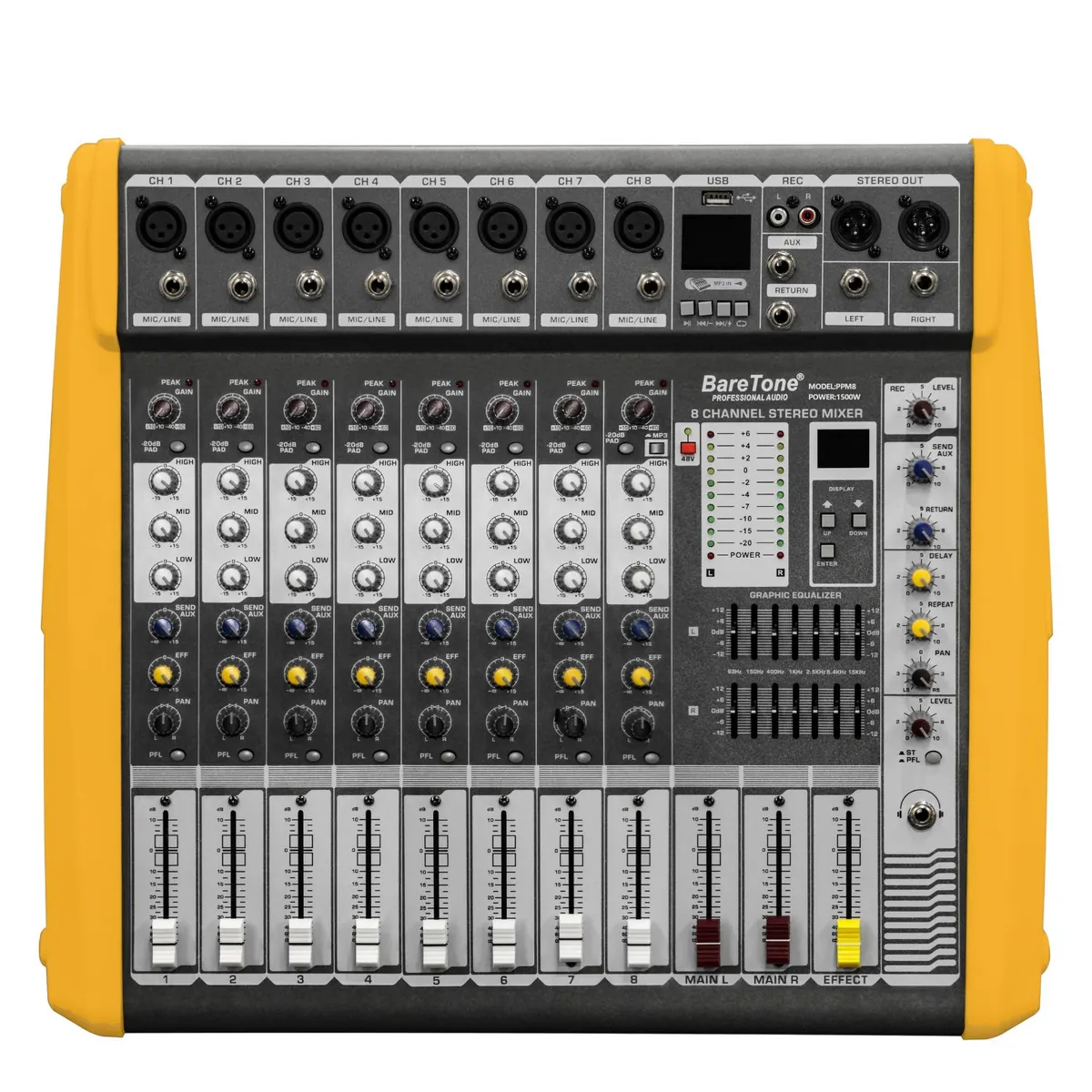 BARETONE - Mezcladora Amplificada Baretone PPM8 1600 Watts 08 Interfaz AD-DA USB