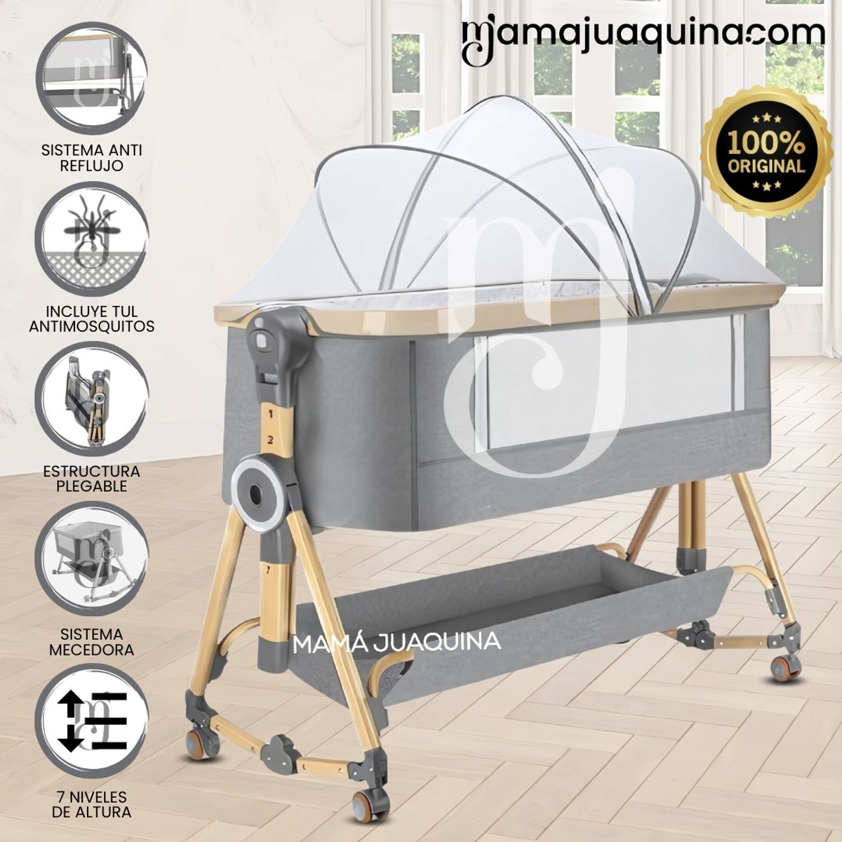 BABY - Cuna Colecho Mecedora Plegable 2 en 1 «LAYNE» de Lujo Gray