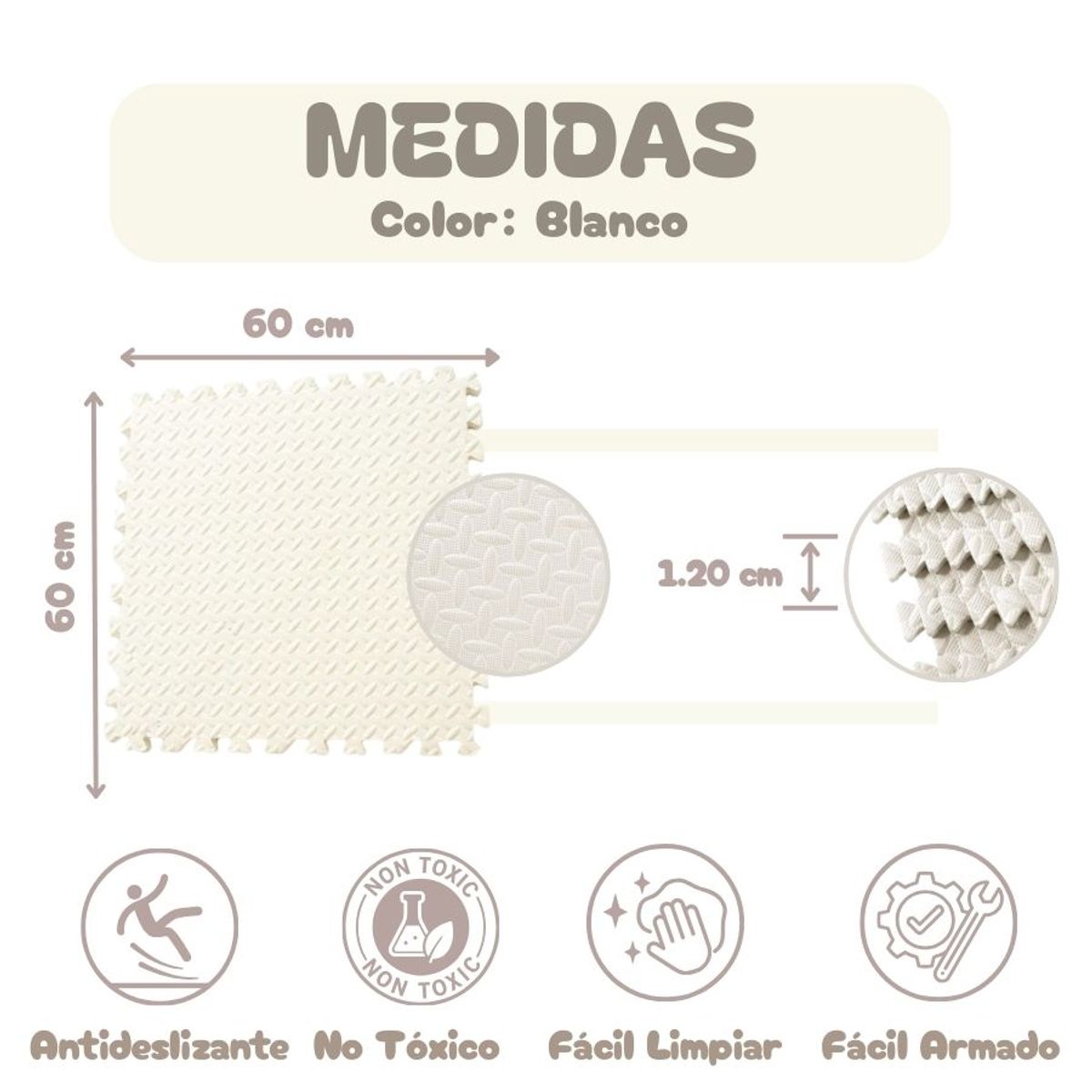 GENERICO - Piso de Goma EVA BLANCO de 60 cm x 60 cm x 1.20 cm -04 unid.