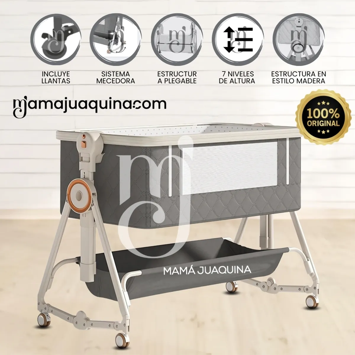 BABY - Cuna Colecho Mecedora Plegable 2 en 1 «LONE» de Lujo Gray