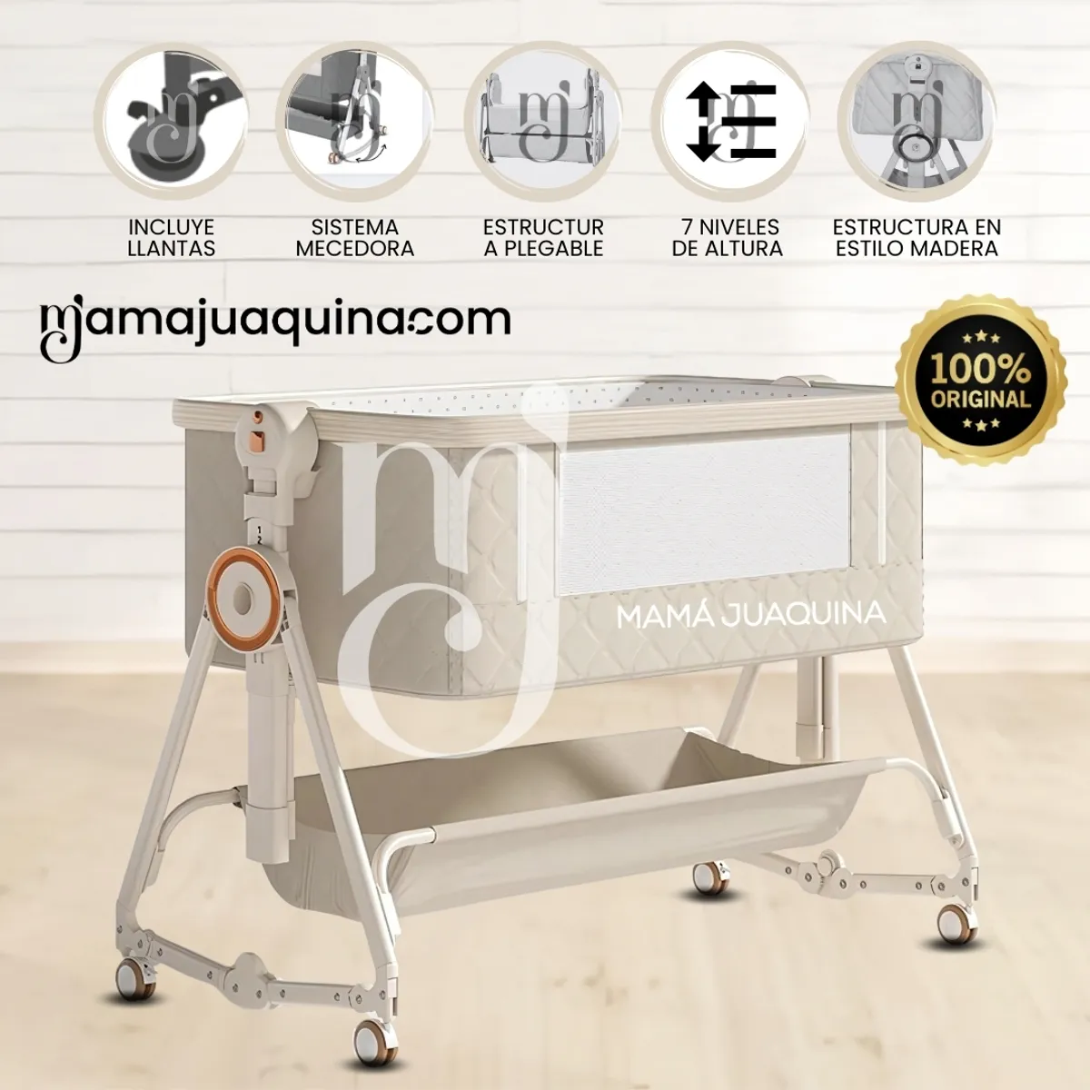 BABY - Cuna Colecho Mecedora Plegable 2 en 1 «LONE» de Lujo Beige