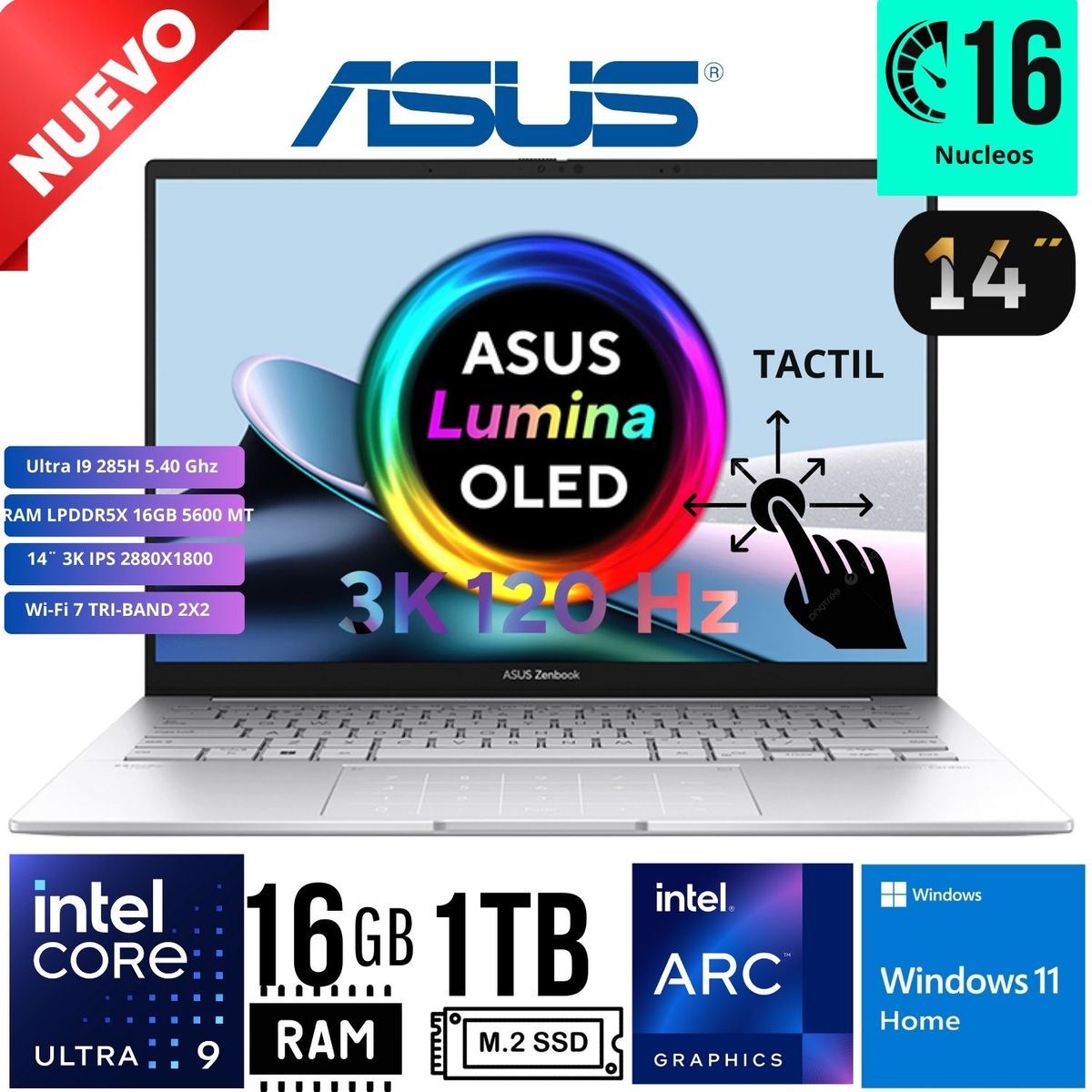 ASUS - Laptop  ASUS Zenbook 14 OLED UX3405CA-PZ33 14´ 3k Tactil Ultra 9- 285H RAM 16GB SSD 1TB W11 Home