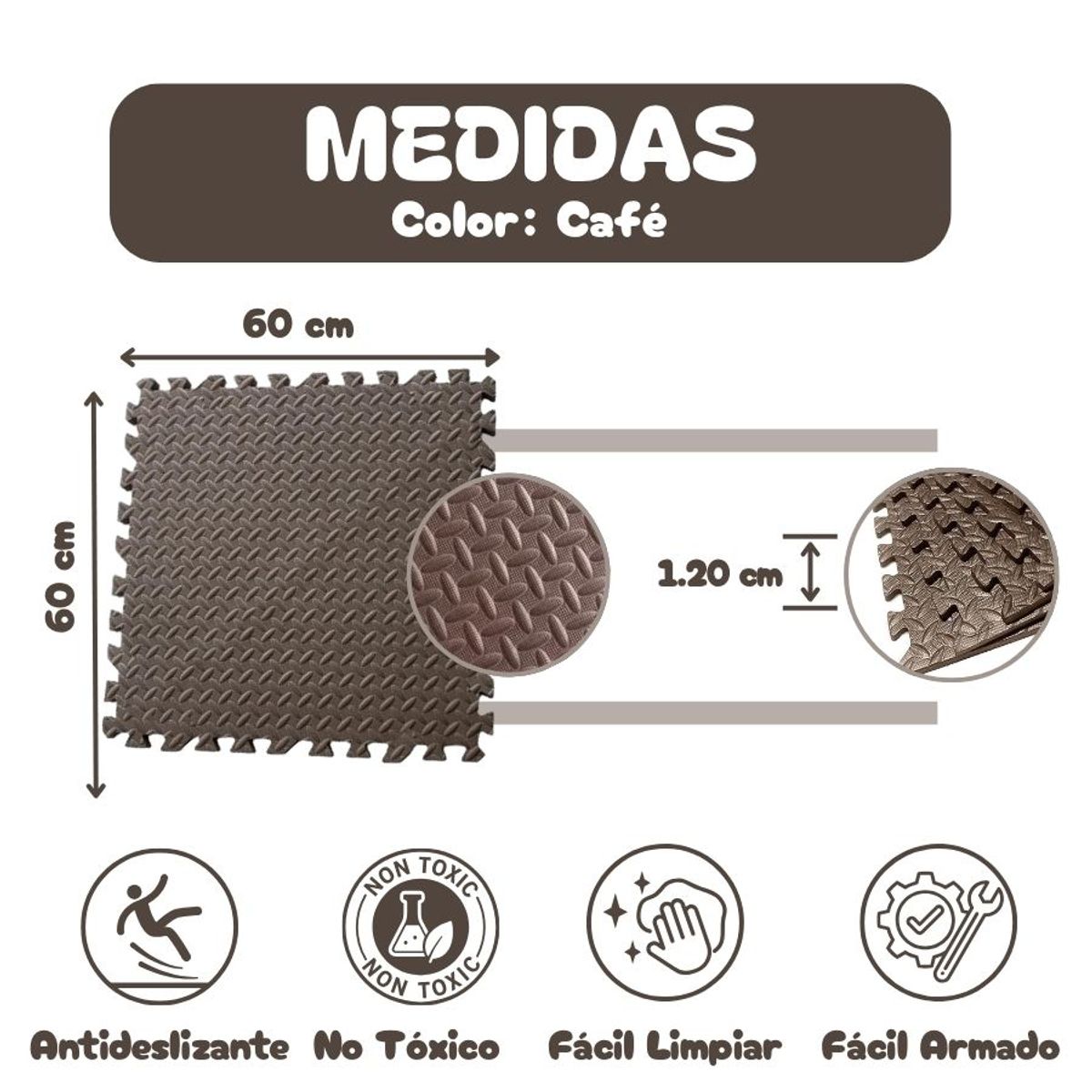 GENERICO - Piso de Goma EVA  CAFE de 60 cm x 60 cm x 1.20 cm - 04 unid.
