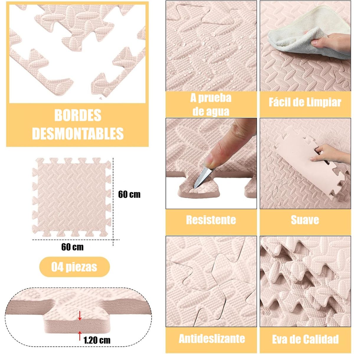 GENERICO - Piso de Goma EVA BEIGE de 60 cm x 60 cm x 1.20 cm - 04 unid.