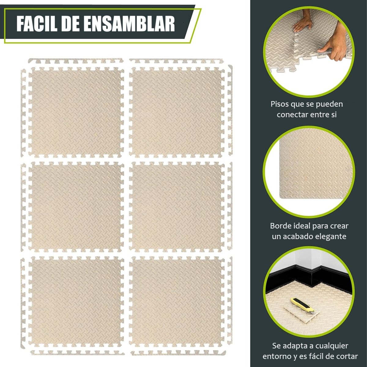 GENERICO - Piso de Goma EVA BEIGE de 60 cm x 60 cm x 1.20 cm - 04 unid.