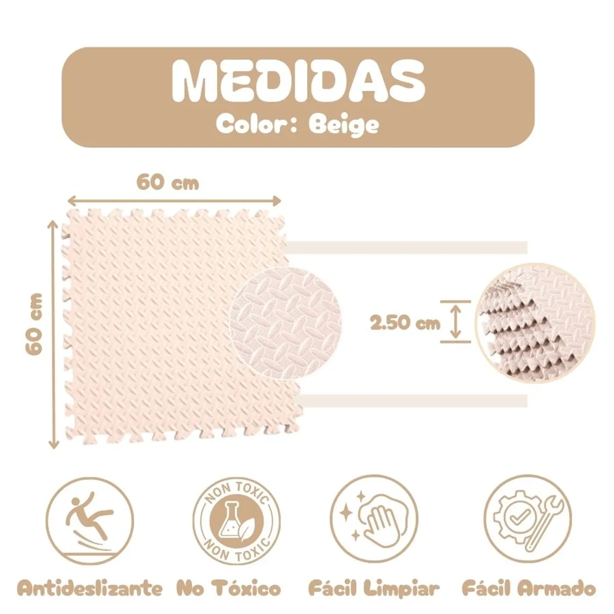 GENERICO - Piso de Goma EVA BEIGE de 60 cm x 60 cm x 2.50 cm - 02 unid.