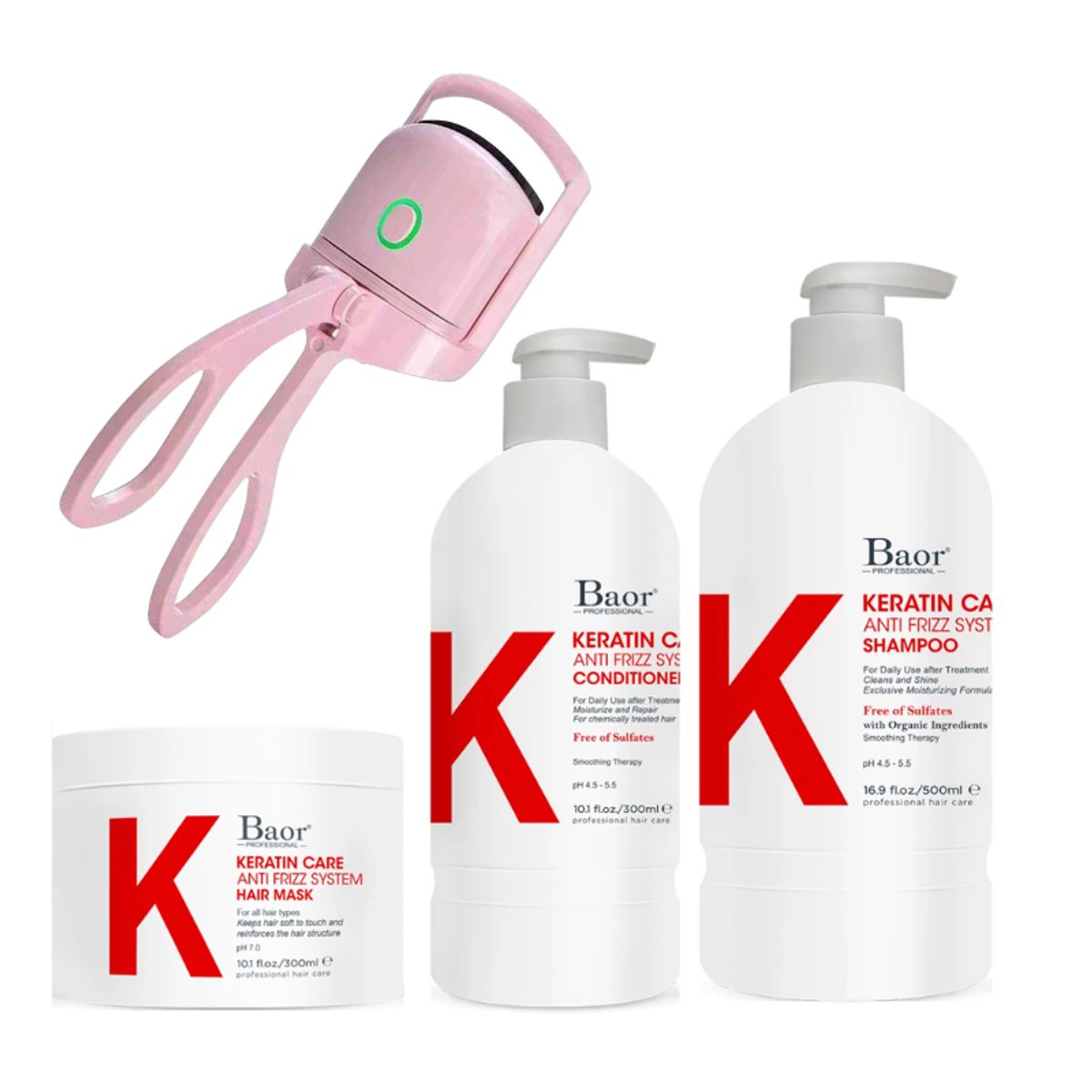BAOR PROFESSIONAL - BAOR K - Pack Shampoo + Acondicionador + Mascarilla + Rizador rosado