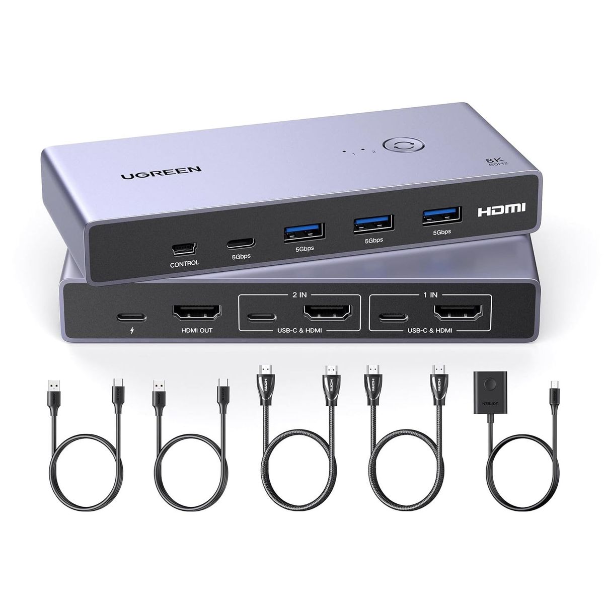 UGREEN - Conmutador KVM 2x HDMI 8K 60Hz 2.1 USB-C 3.0 4 puertos USB CM692 25961