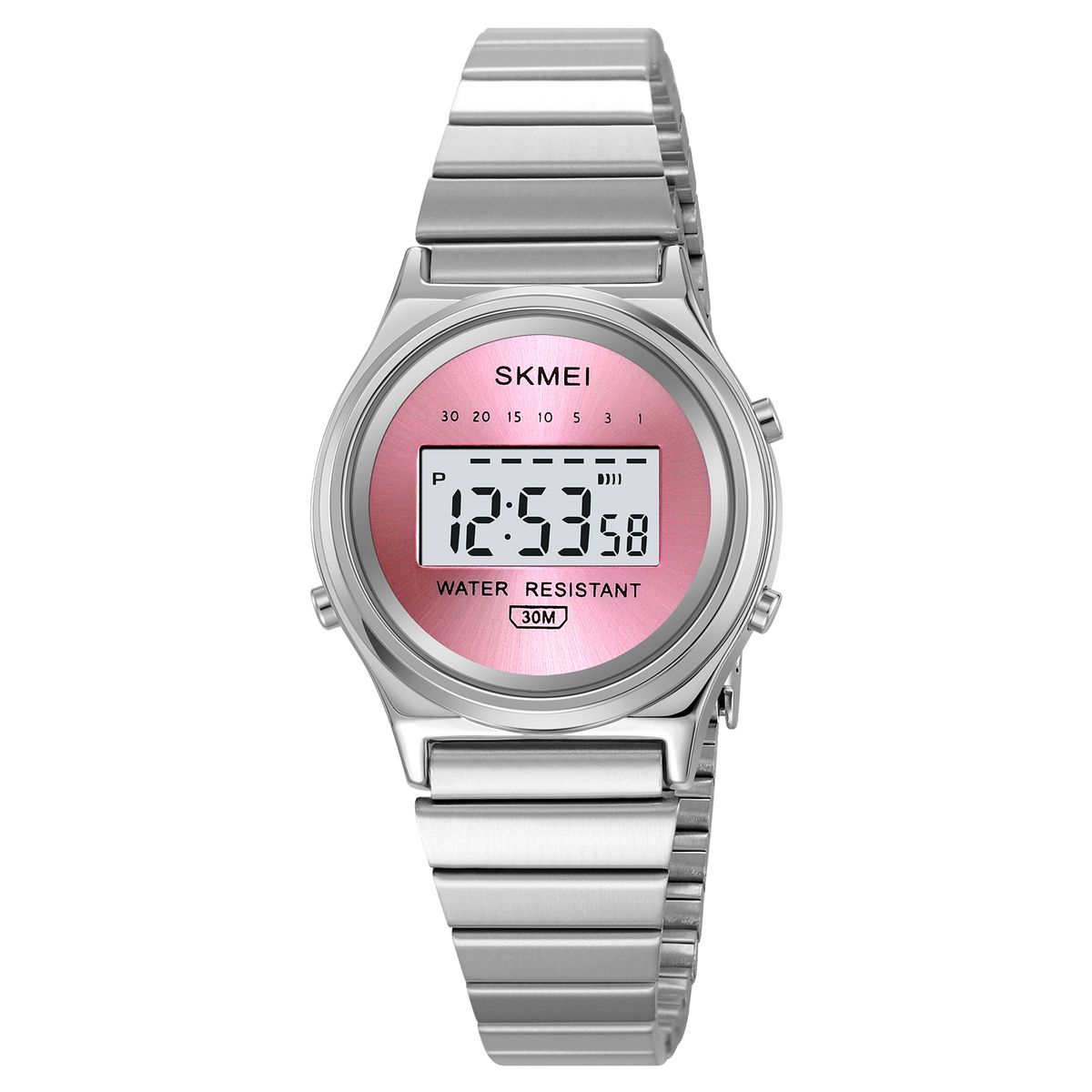SKMEI - Reloj Skmei 2521 Digital Plateado Fondo Rosado Correa Acero