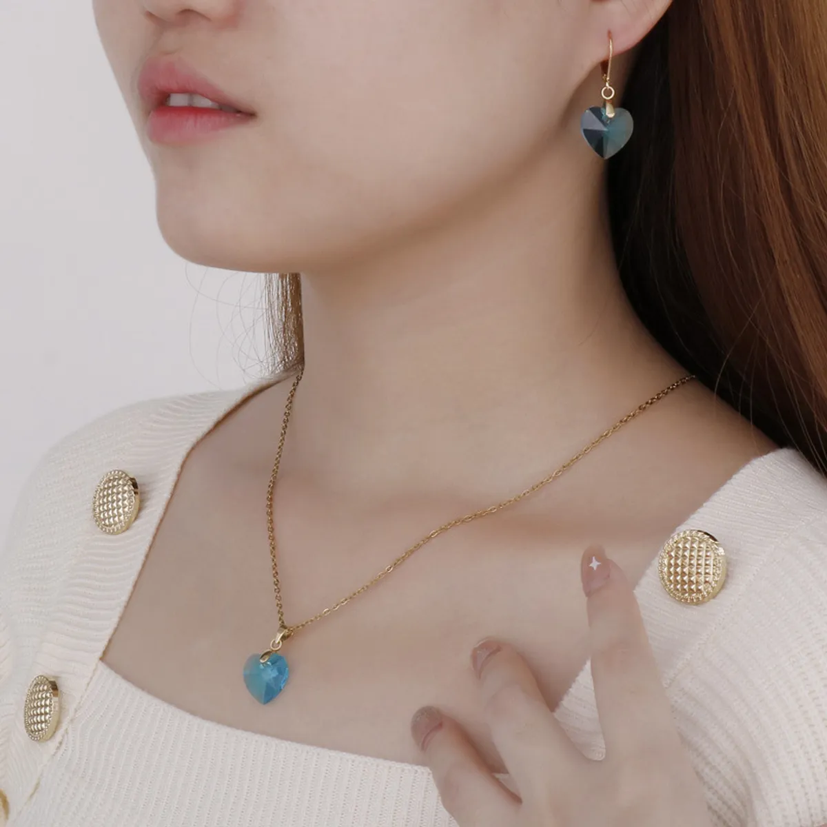 GENERICO - Set Collar Y Aretes Dorado Corazón Cristal Swarovski