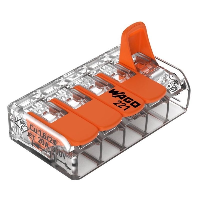 WAGO - Conector empalme 5 polos c/palanca (0,2 - 4 mm2). Transparente - Una caja (25 Unid.)