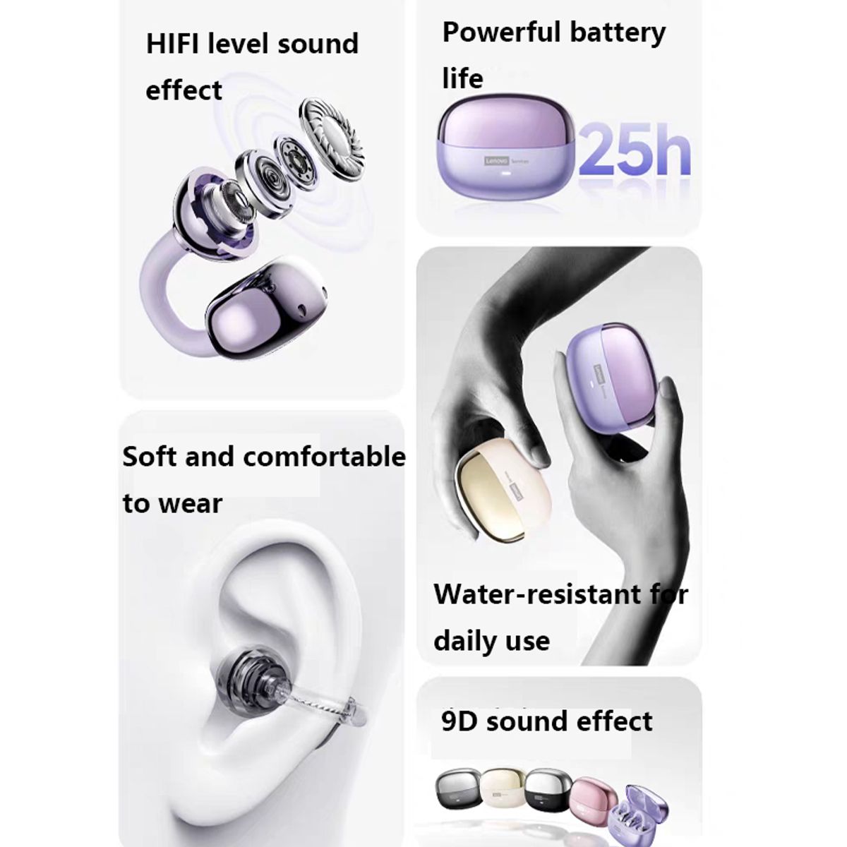 LENOVO - Audífonos Lenovo Clip MAX LE06 TWS  Bluetooth 6.0 - Morado