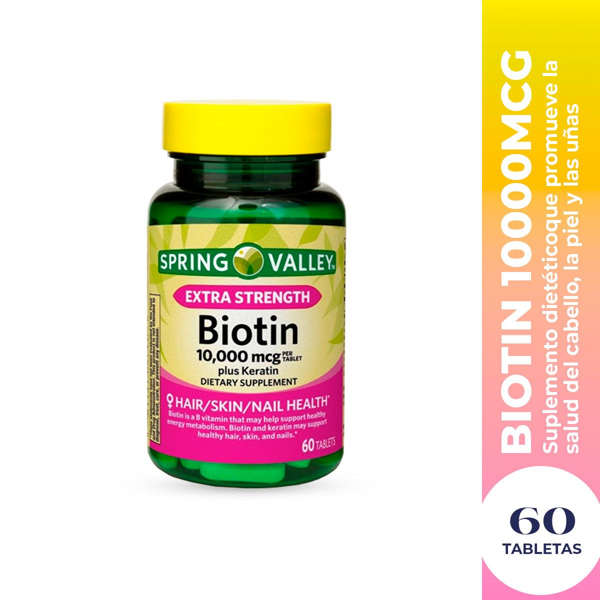 SPRING VALLEY - Suplemento Biotina Premium 10000Mcg 60 Caps Spring Valley