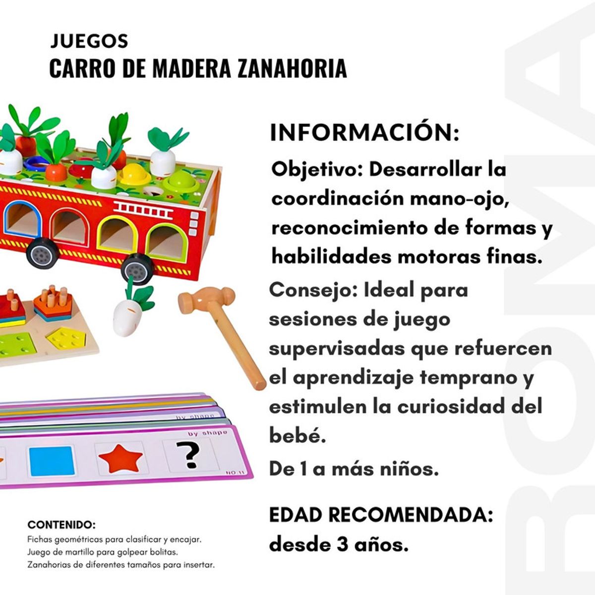 GENERICO - CARRO MULTIFUNCIONAL DE MADERA ZANAHORIA - JUEGO DIDÁTICO