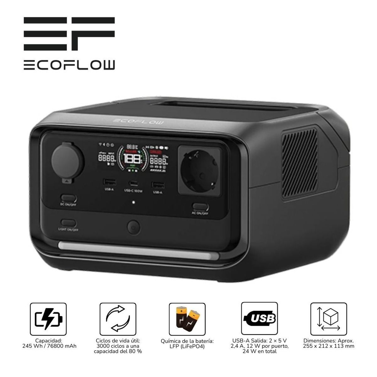 ECOFLOW - Estación de energía portátil 600 Watts Ecoflow River 3 Plus - Negro