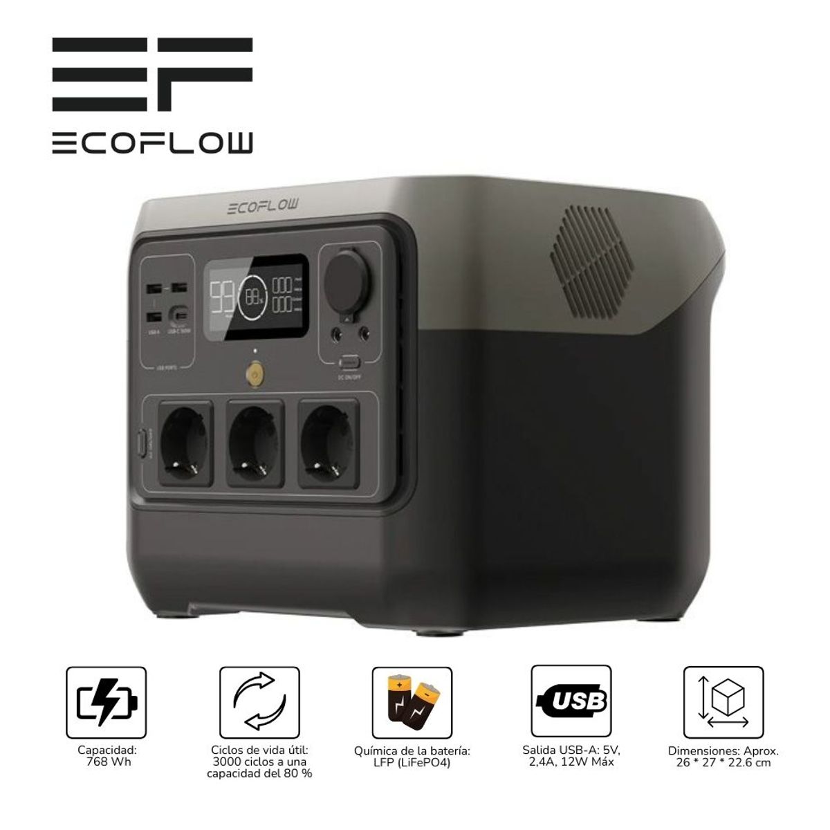 ECOFLOW - Estación de energía portátil 800 Watts Ecoflow River 2 Pro - Negro
