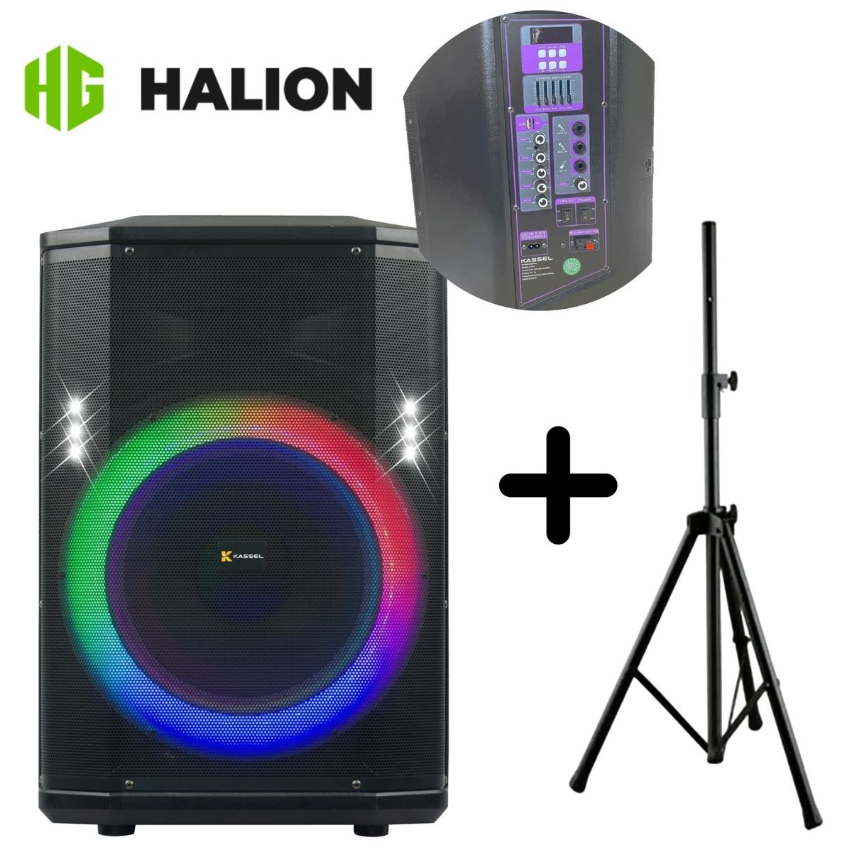 HALION - Combo Soporte + Parlante KASSEL K1212 Boofer 12 USB TF BT TWS FM AC