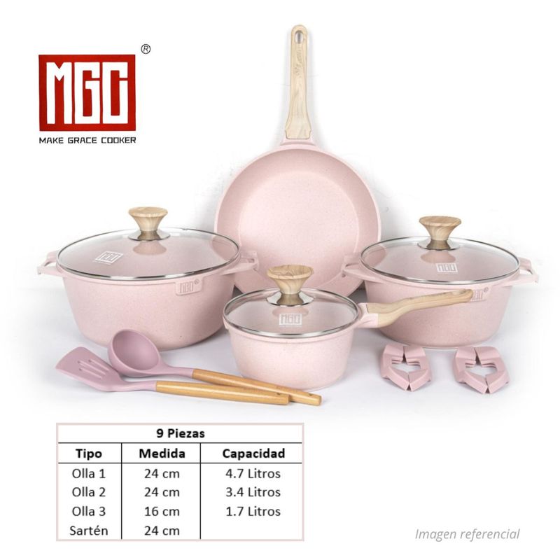 OEM - JUEGO DE OLLAS MGC DE 9 PIEZAS ROCA VOLCANICA PINK