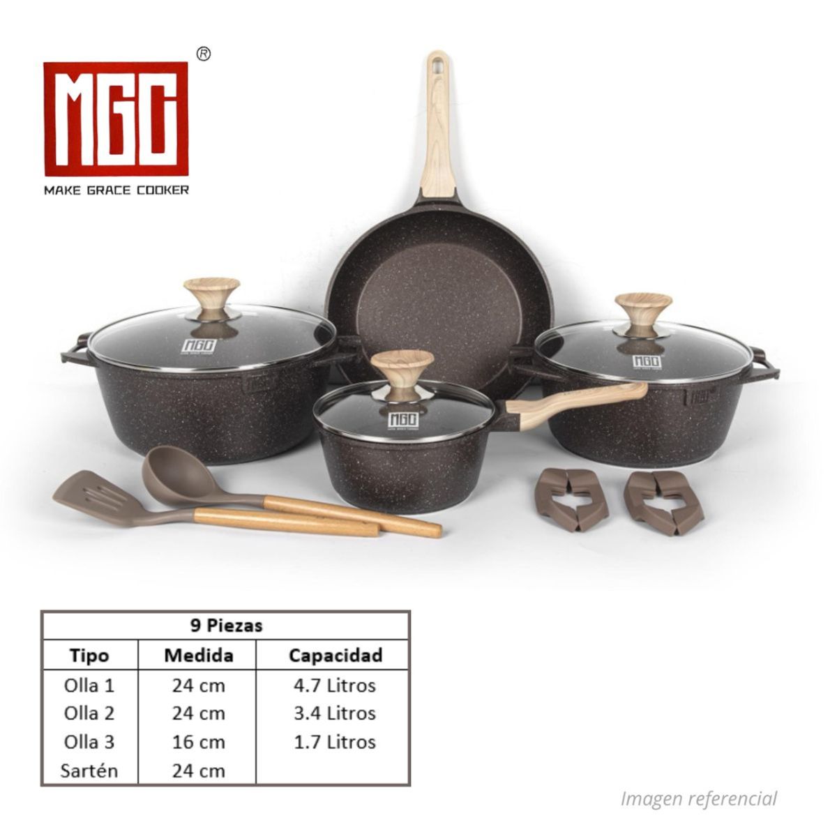 JUEGO DE OLLAS MGC DE 9 PIEZAS ROCA VOLCANICA CAFE, marca OEM - Foto Principal