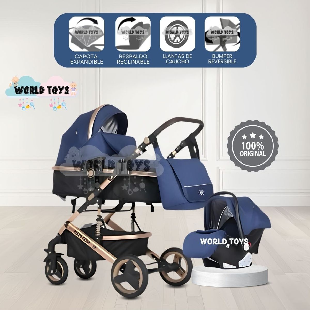 BABY - Coche Moisés 4 en 1 «GRAND LUMIERE» con Portabebé Blue