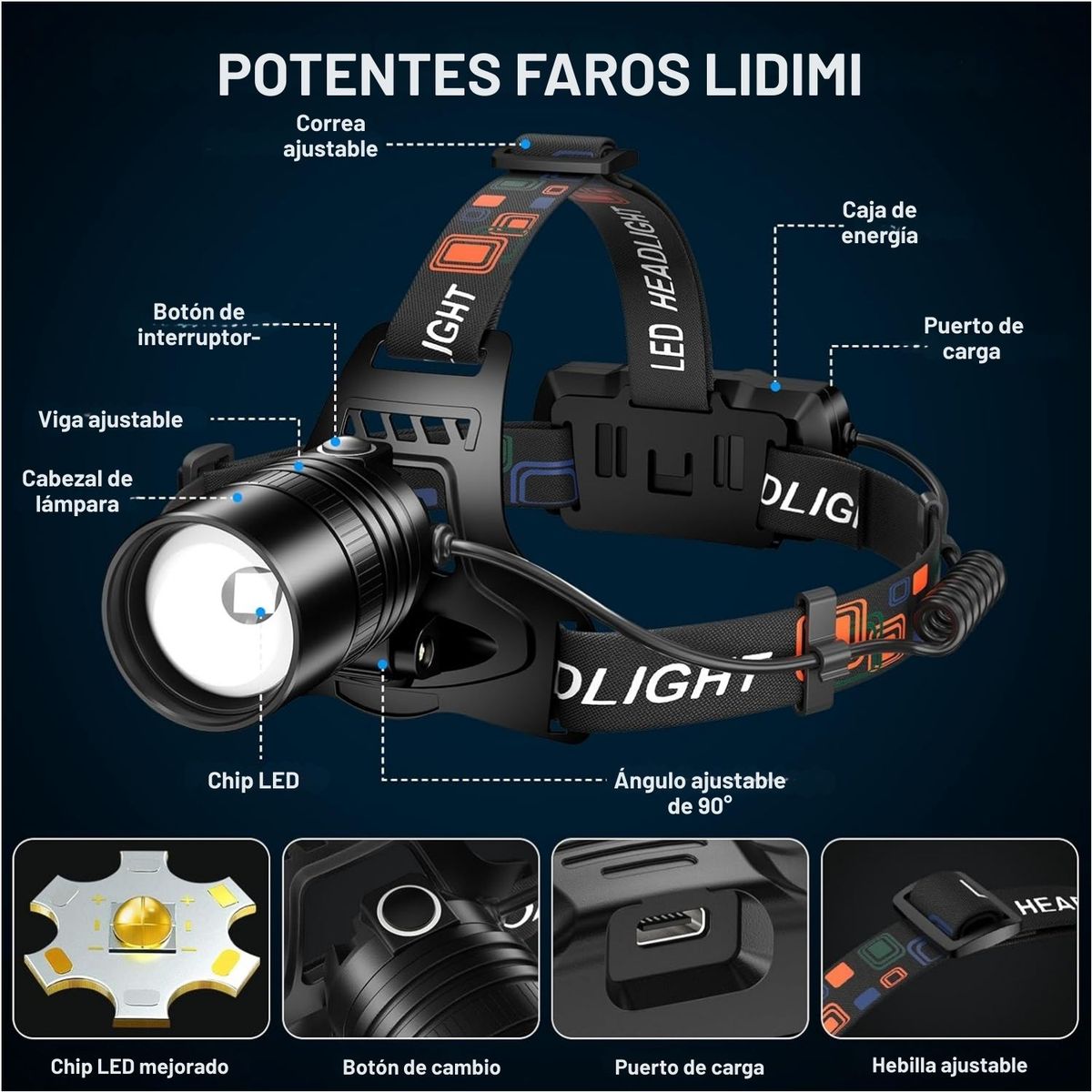 LIDIMI - Linterna de Cabeza LED 10W Recargable Tipo-C con Batería Extraíble