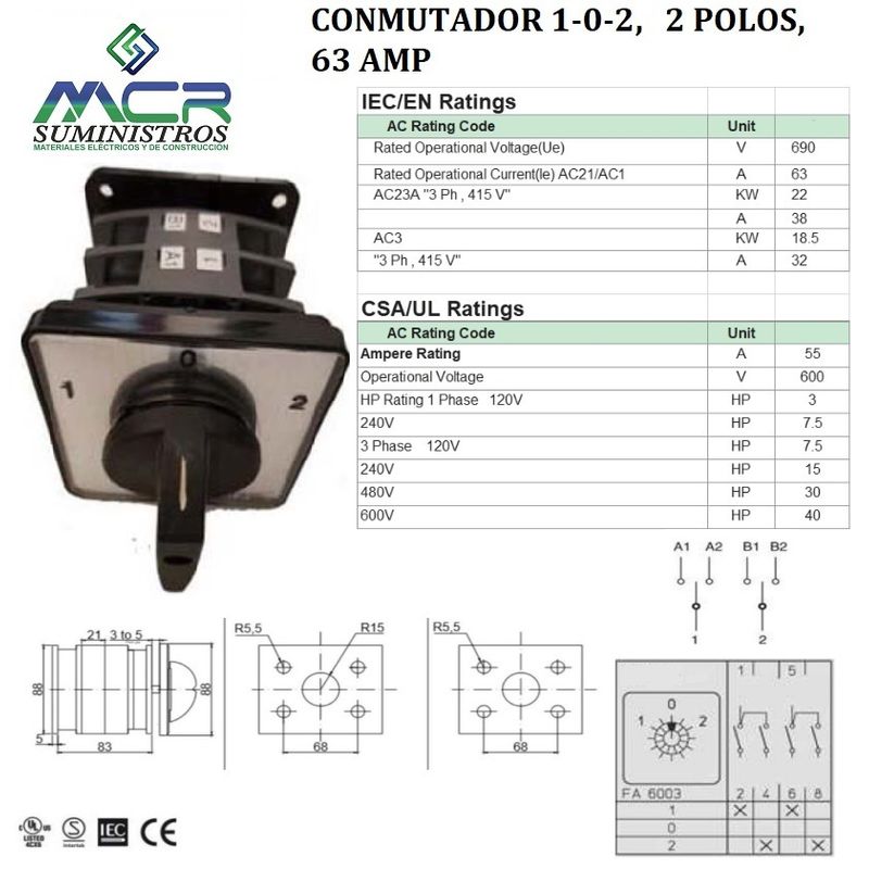 GENERICO - CONMUTADOR O SELECTOR 1-0-2, 2 POLOS, 63 AMP